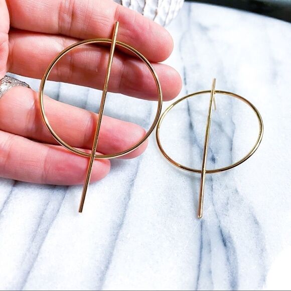 Gold Geometric Earrings Circle Hoops Minimalist Statement - Picture 5 of 5